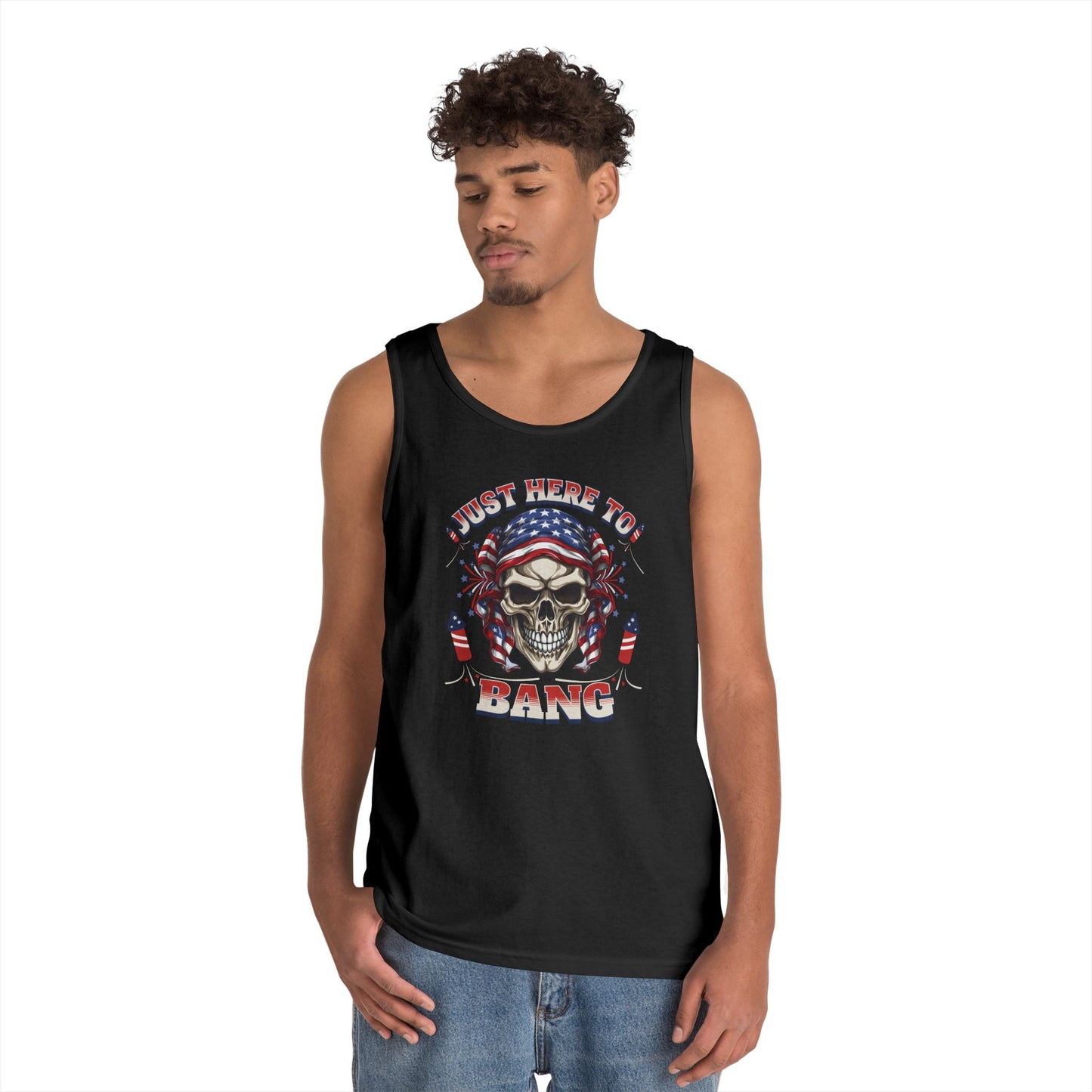 Edgy Graphic Tank Top, Just Here to Bang, Cool Summer Wear, Unisex Casual Apparel, Gift for Music Lovers, Rock Concert Outfit