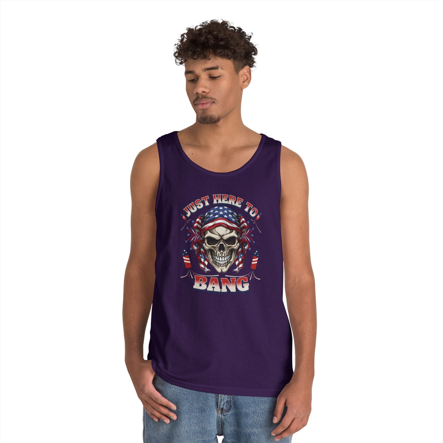 Edgy Graphic Tank Top, Just Here to Bang, Cool Summer Wear, Unisex Casual Apparel, Gift for Music Lovers, Rock Concert Outfit