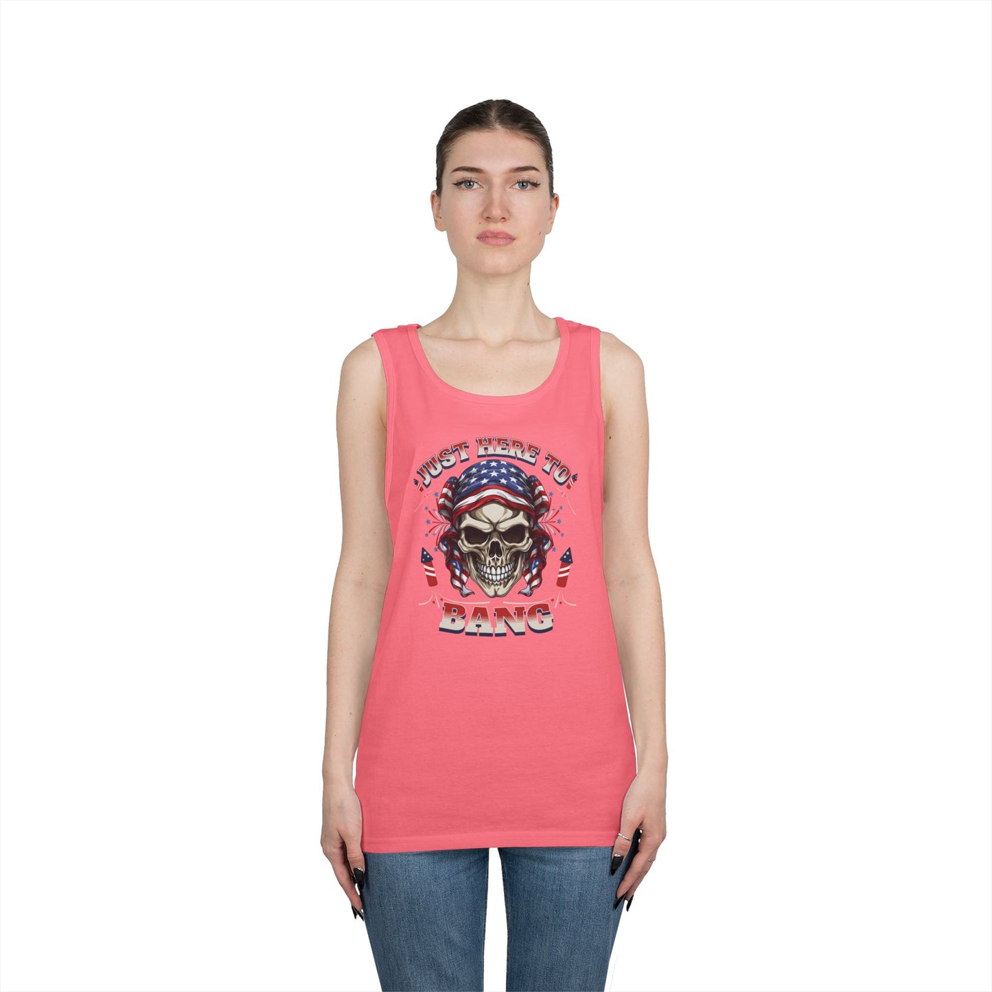 Edgy Graphic Tank Top, Just Here to Bang, Cool Summer Wear, Unisex Casual Apparel, Gift for Music Lovers, Rock Concert Outfit