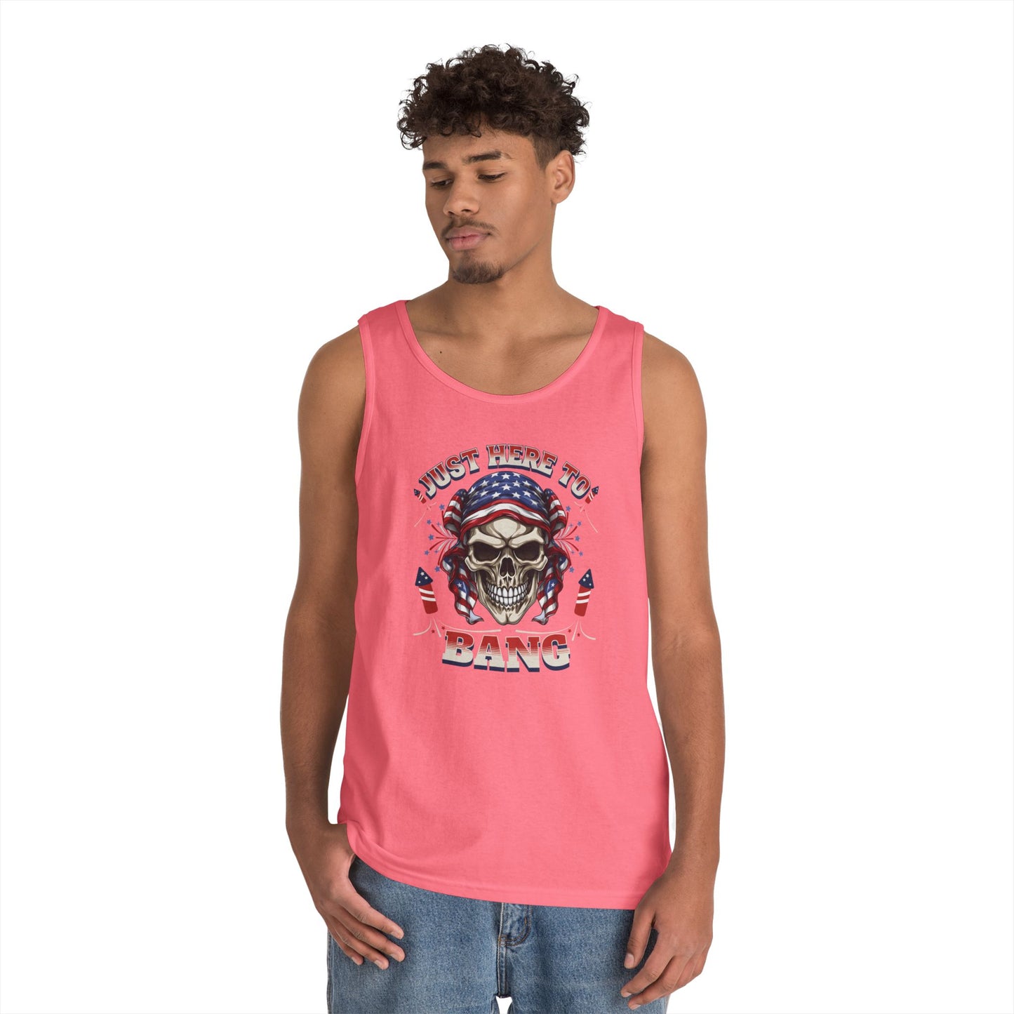 Edgy Graphic Tank Top, Just Here to Bang, Cool Summer Wear, Unisex Casual Apparel, Gift for Music Lovers, Rock Concert Outfit