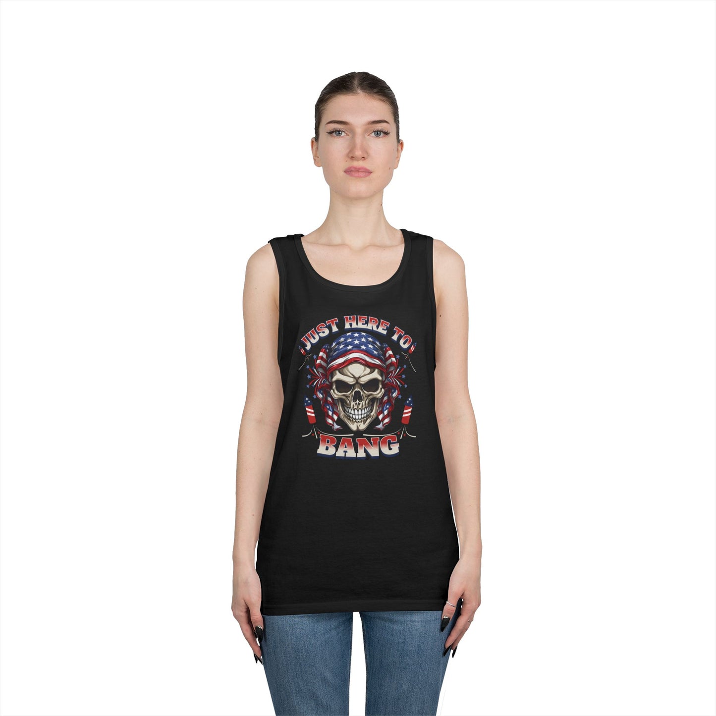 Edgy Graphic Tank Top, Just Here to Bang, Cool Summer Wear, Unisex Casual Apparel, Gift for Music Lovers, Rock Concert Outfit