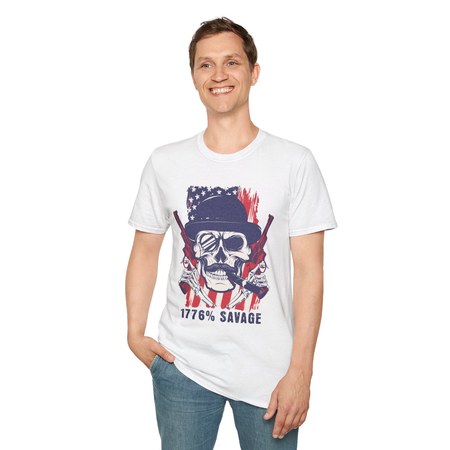 1776% Savage Unisex T-Shirt - Vintage Americana Skull Tee, Patriotic Graphical Shirt, Fourth of July Gift, Casual Wear