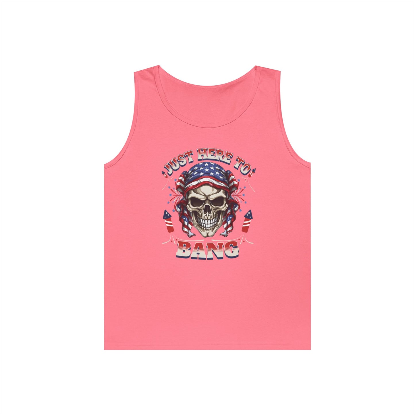 Edgy Graphic Tank Top, Just Here to Bang, Cool Summer Wear, Unisex Casual Apparel, Gift for Music Lovers, Rock Concert Outfit
