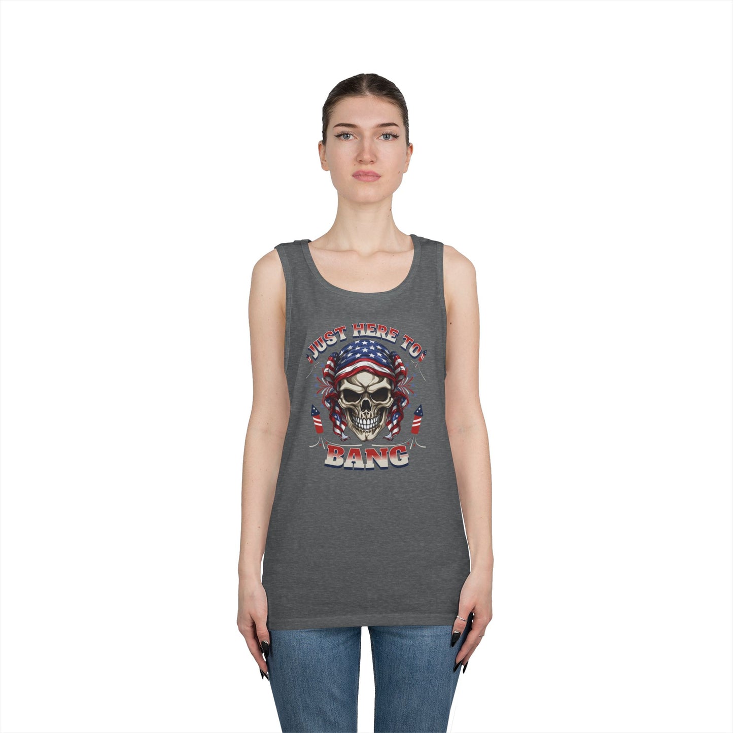 Edgy Graphic Tank Top, Just Here to Bang, Cool Summer Wear, Unisex Casual Apparel, Gift for Music Lovers, Rock Concert Outfit