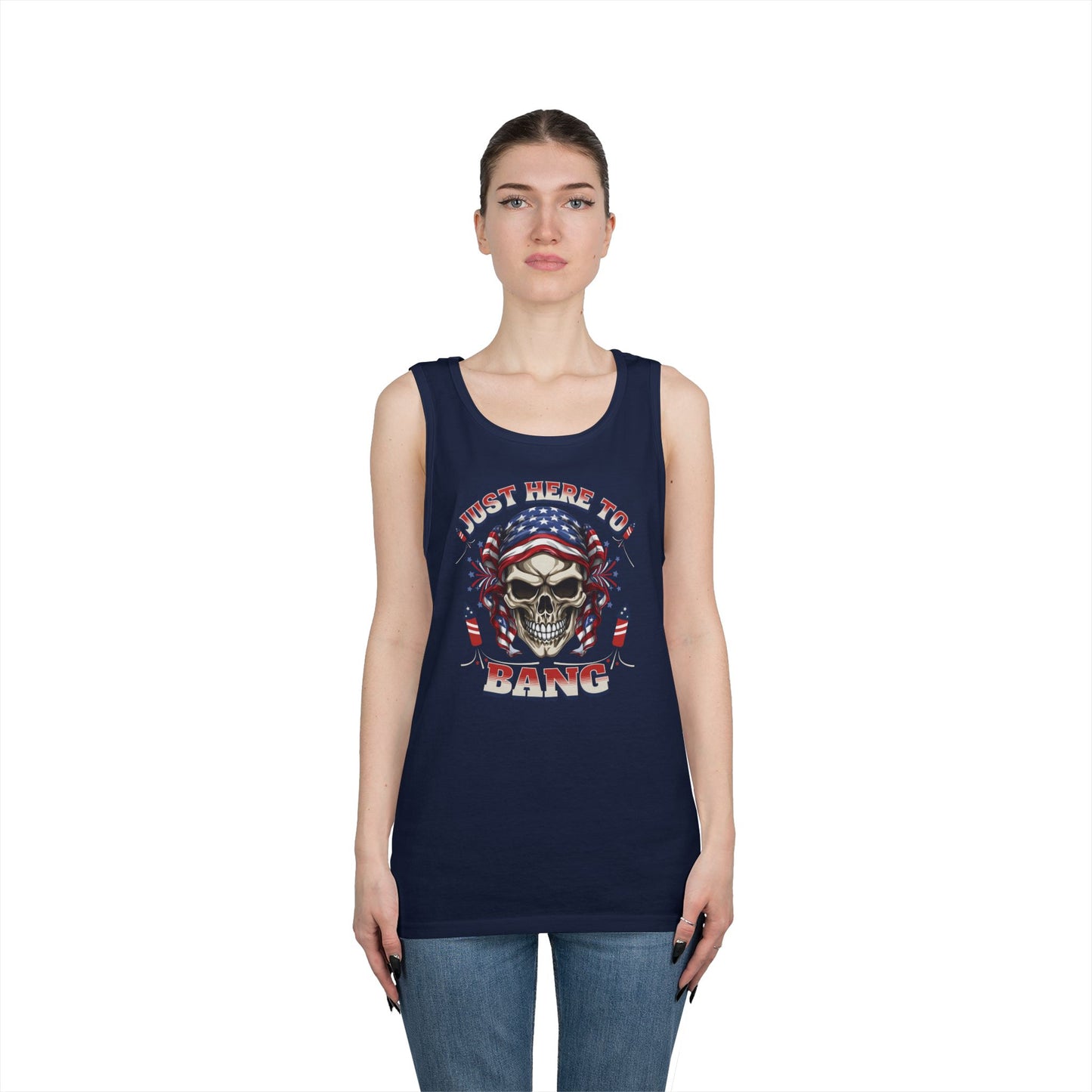 Edgy Graphic Tank Top, Just Here to Bang, Cool Summer Wear, Unisex Casual Apparel, Gift for Music Lovers, Rock Concert Outfit