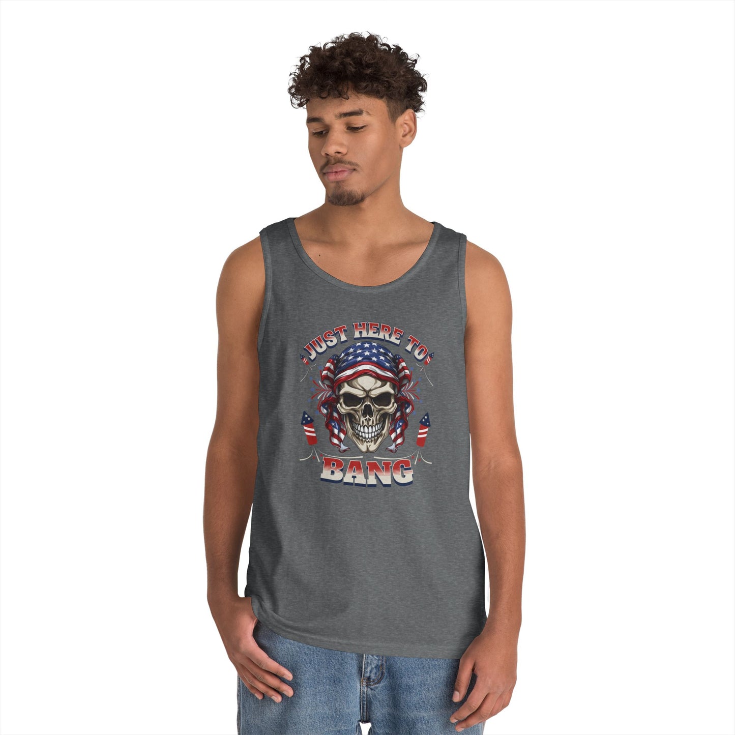 Edgy Graphic Tank Top, Just Here to Bang, Cool Summer Wear, Unisex Casual Apparel, Gift for Music Lovers, Rock Concert Outfit