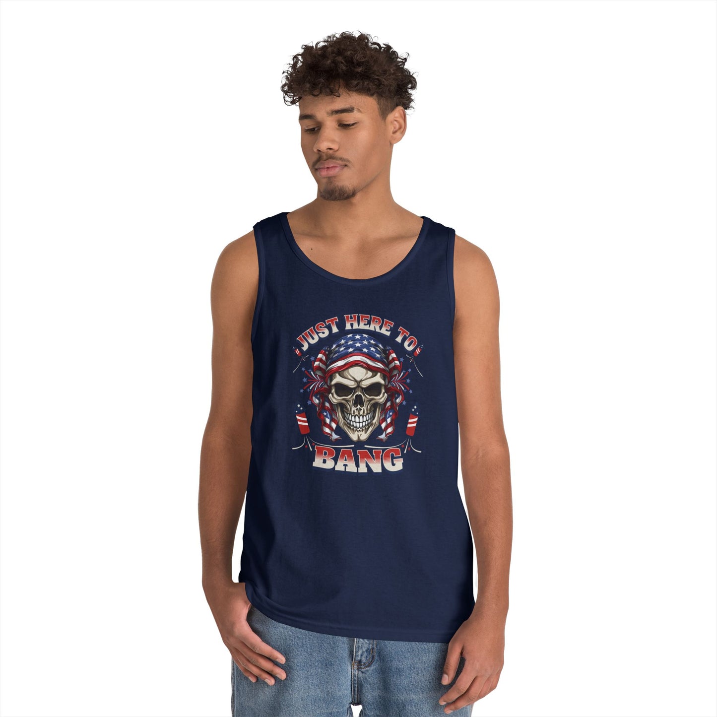 Edgy Graphic Tank Top, Just Here to Bang, Cool Summer Wear, Unisex Casual Apparel, Gift for Music Lovers, Rock Concert Outfit