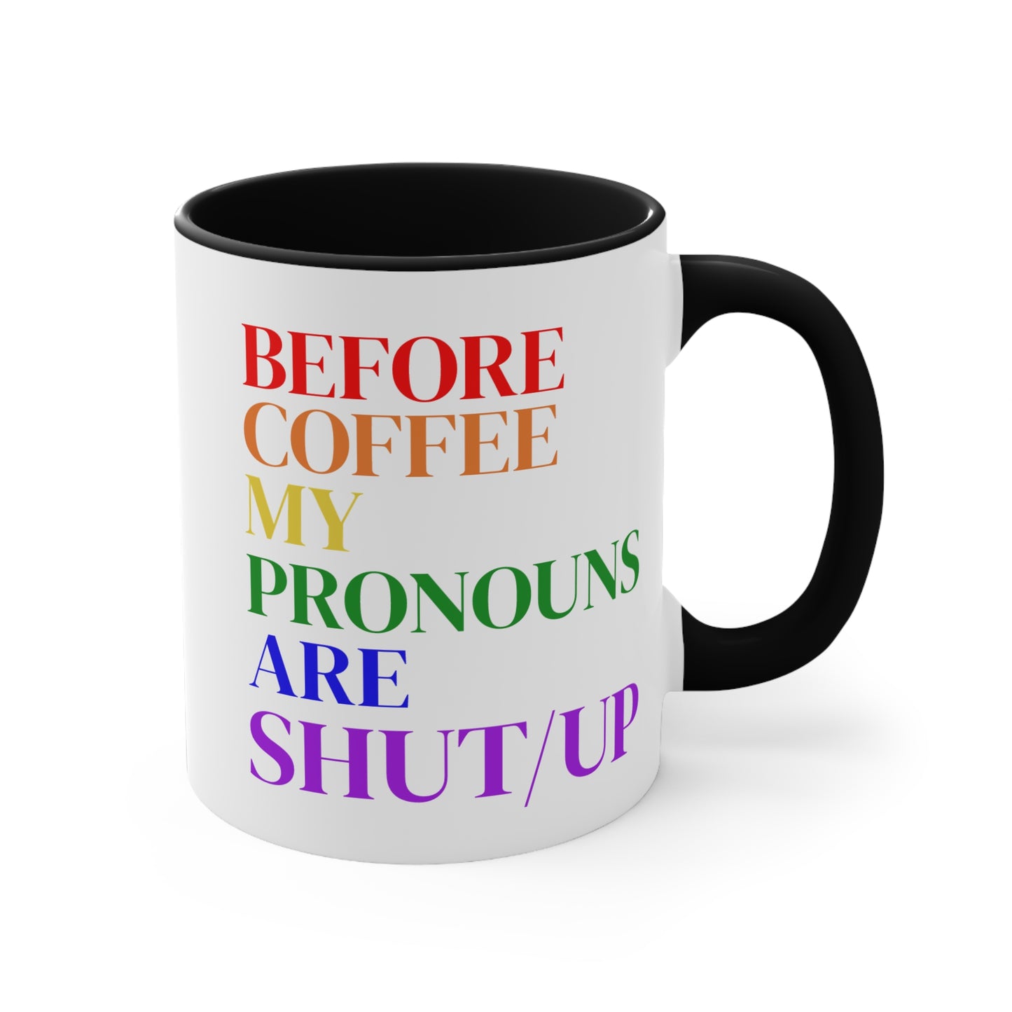Before Coffee My Pronouns Are SHUT/UP - Funny Conservative Mug – Anti-Woke Patriotic Humor – Coffee Mug - Home Goods - Political Gifts