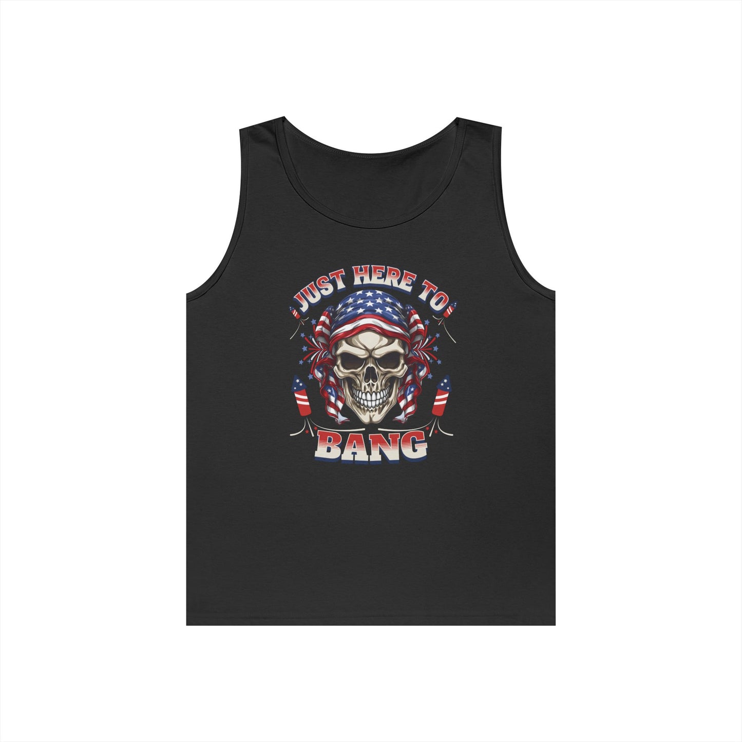 Edgy Graphic Tank Top, Just Here to Bang, Cool Summer Wear, Unisex Casual Apparel, Gift for Music Lovers, Rock Concert Outfit