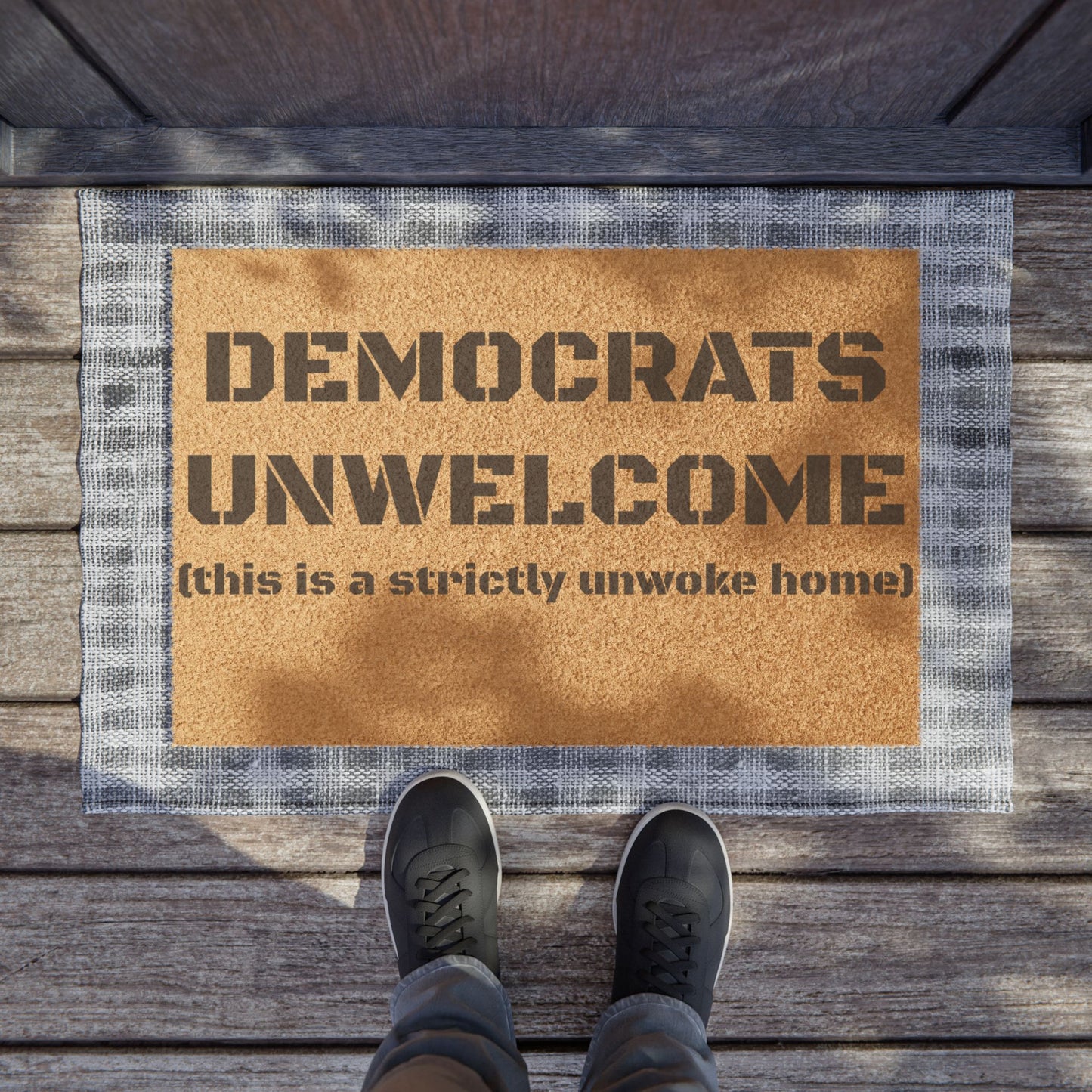 "Deomcrats Unwelcome: This is a Strictly Unwoke Home" - Welcome Doormat - Funny Home Décor, Unique Gift, Personal Touch for Home, Housewarming, and Parties