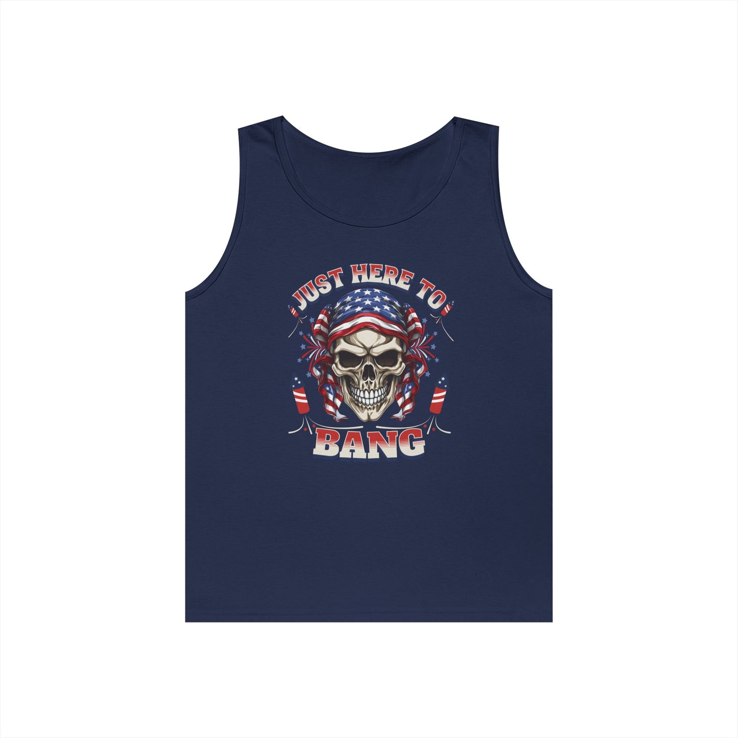 Edgy Graphic Tank Top, Just Here to Bang, Cool Summer Wear, Unisex Casual Apparel, Gift for Music Lovers, Rock Concert Outfit