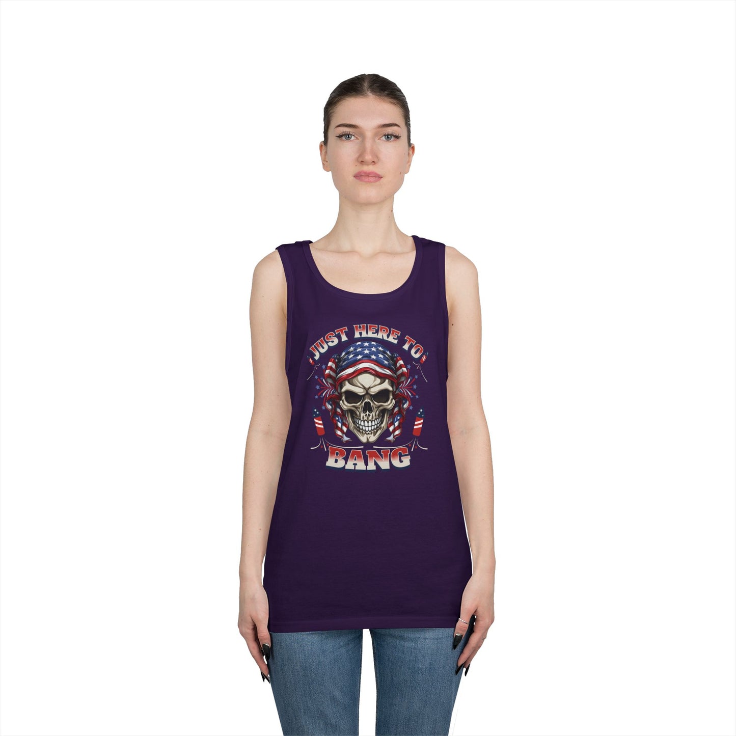 Edgy Graphic Tank Top, Just Here to Bang, Cool Summer Wear, Unisex Casual Apparel, Gift for Music Lovers, Rock Concert Outfit