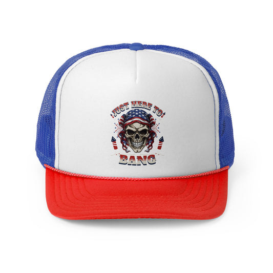 Skull Trucker Cap - Just Here To Bang | Vintage Style, Casual Headwear, Gift for Men, Hoodies, Outdoor Events, Summer Gear