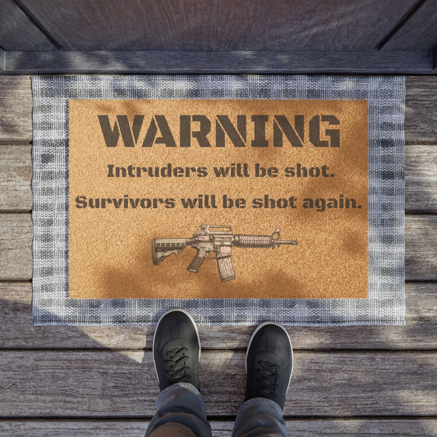 "WARNING: Intruders Will Be Shot. Survivors Will Be Shot Again." - Welcome Doormat - Funny Home Décor, Unique Gift, Personal Touch for Home, Housewarming, and Parties