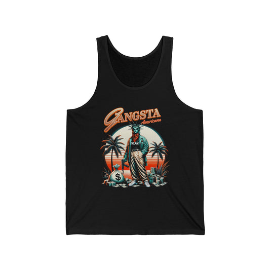 Retro Gangsta Jersey Tank, Unisex Summer Tee, Beachwear, Festival Fashion, Vacation Top, Cool Graphic Tank