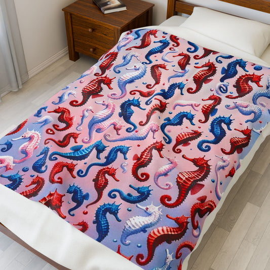 Stars, Stripes & Seahorses Blanket – American Cocktails Edition, Plush Cozy Blanket, Independence Day Decor, Gift for Patriots, Soft Blanket for Home