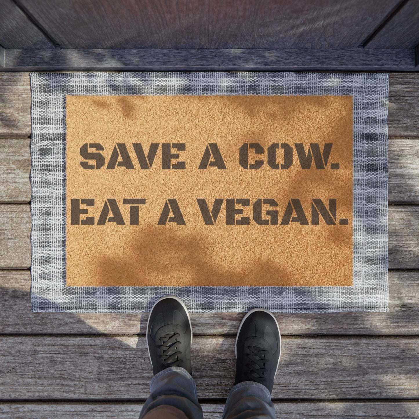 "Save a Cow. Eat a Vegan" - Welcome Doormat - Funny Home Décor, Unique Gift, Personal Touch for Home, Housewarming, and Parties