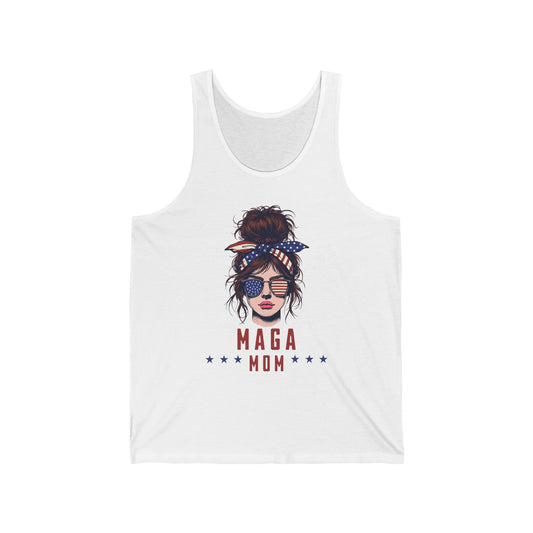 MAGA Mom Tank Top, Unisex Jersey Tank, Patriotic Summer Wear, Gift for Moms, USA Celebration Apparel, Trendy Tanks for 4th of July