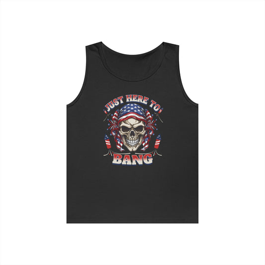 Edgy Graphic Tank Top, Just Here to Bang, Cool Summer Wear, Unisex Casual Apparel, Gift for Music Lovers, Rock Concert Outfit
