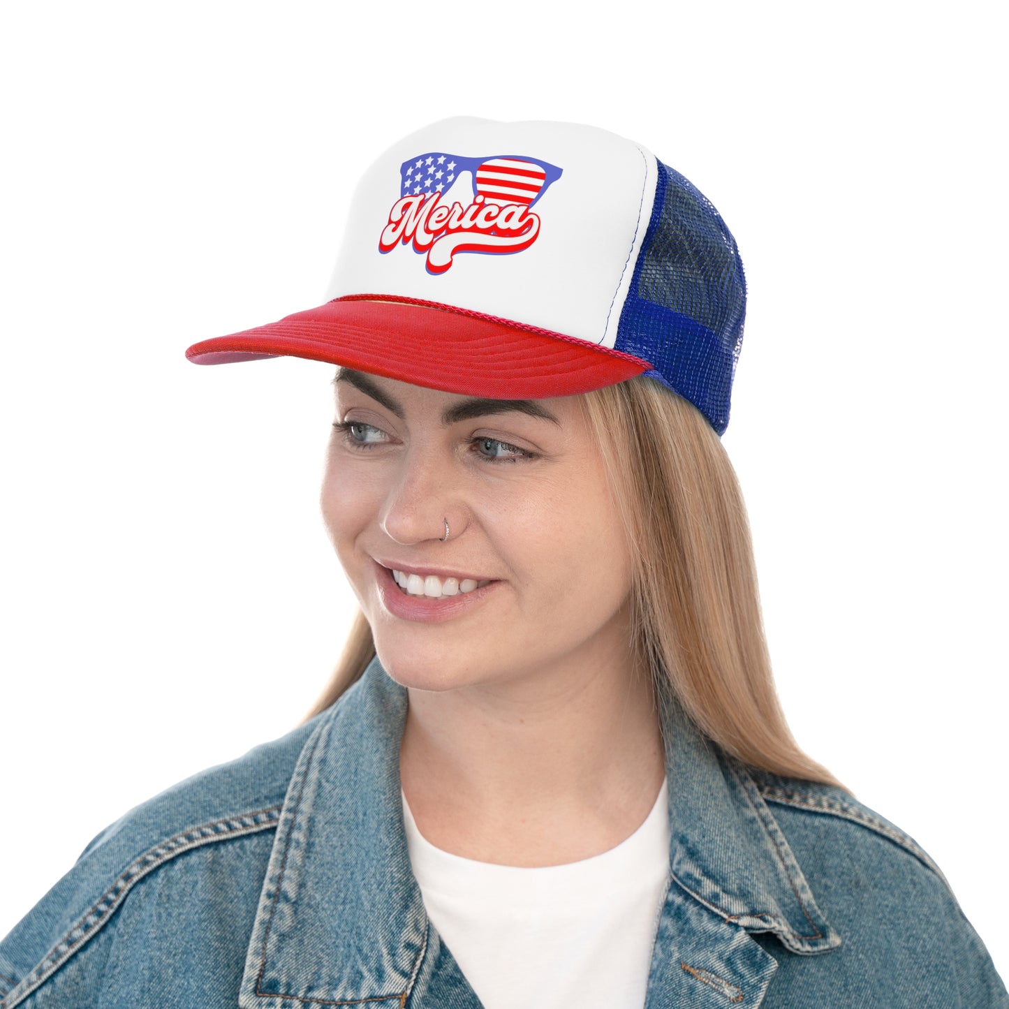 'Merica Trucker Cap - Patriotic Red, White, and Blue Hat for July 4th Celebrations